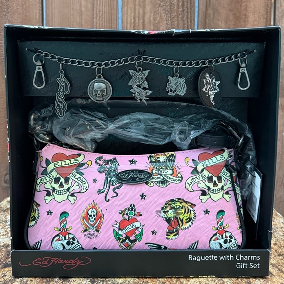 Ed Hardy Handbags - Ed Hardy Blush Baguette With Charms Gift Set
